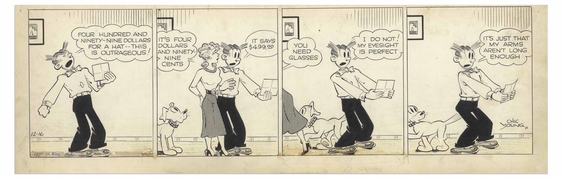Chic Young Hand-Drawn ''Blondie'' Comic Strip From 1948 Titled ''Apt Pupils!'' -- Dagwood Needs Reading Glasses